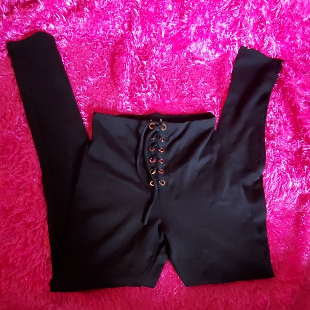 Black skinny polyester pants with lace up front - Picture 2 of 3
